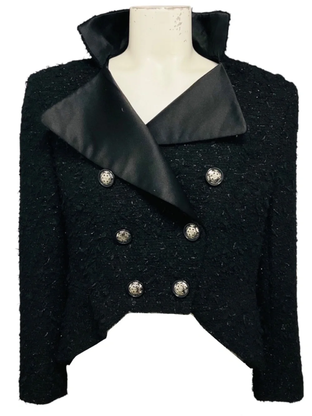 CHANEL BLACK WOOL AND ALPACA TWEED JACKET WITH CC LOGO SNOWFLAKE BUTTONS